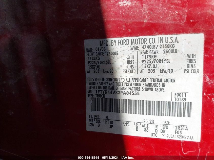 2003 Ford Ranger Edge/Tremor/Xlt VIN: 1FTYR44VX3PA84555 Lot: 39416915