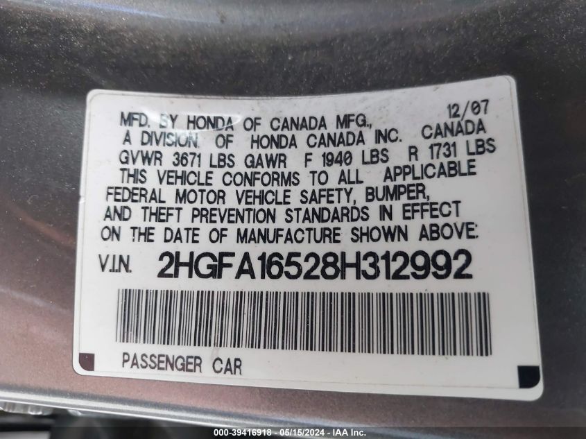 2008 Honda Civic Lx VIN: 2HGFA16528H312992 Lot: 39416918