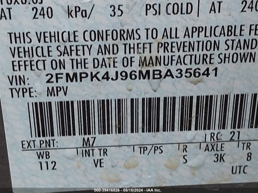 2021 Ford Edge Sel VIN: 2FMPK4J96MBA35641 Lot: 39416926