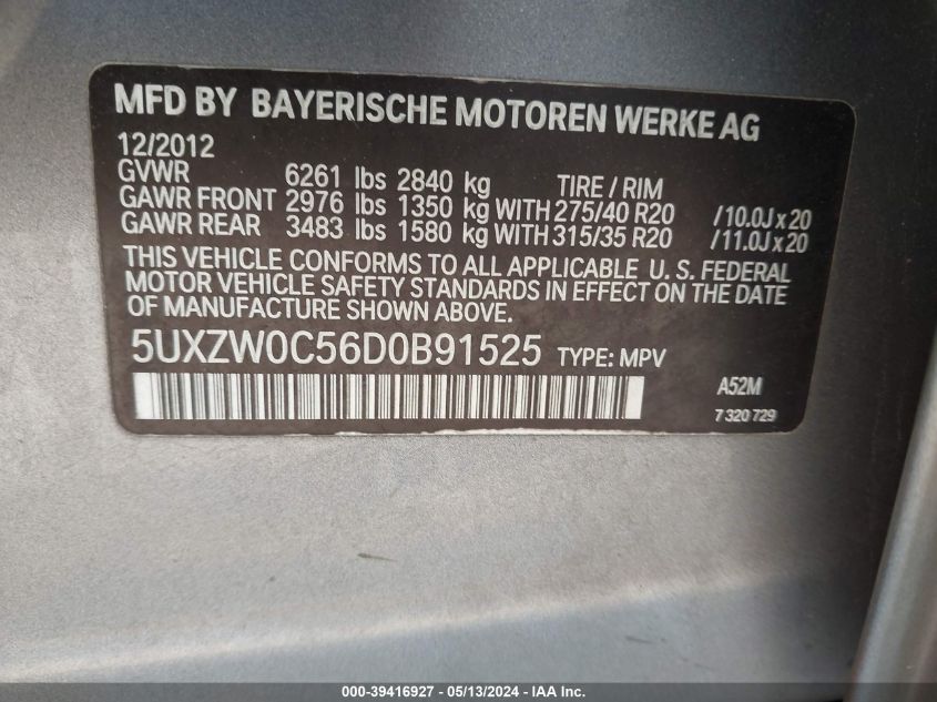 2013 BMW X5 xDrive35D VIN: 5UXZW0C56D0B91525 Lot: 39416927