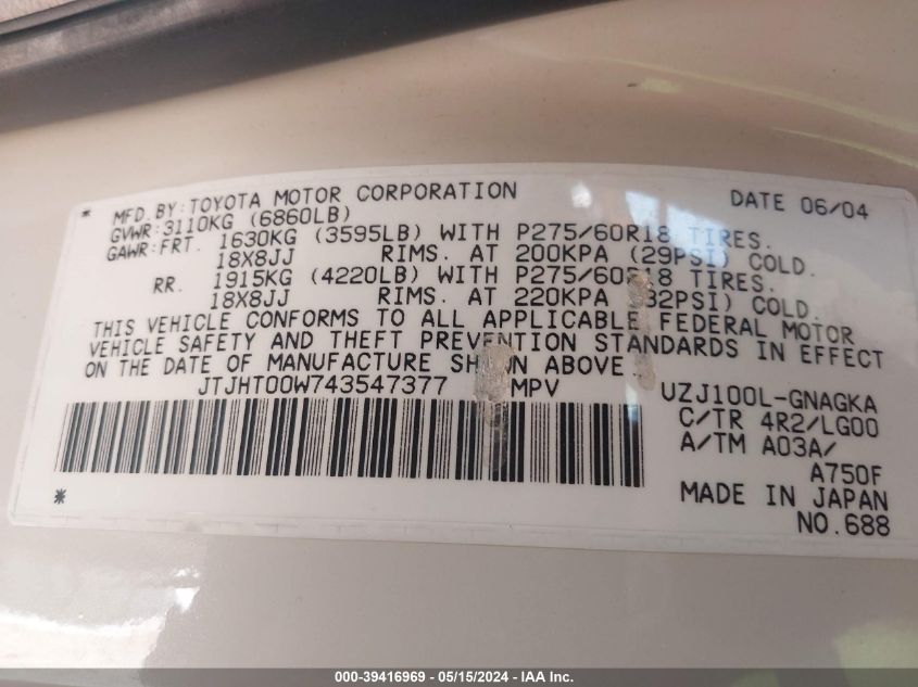 2004 Lexus Lx 470 VIN: JTJHT00W743547377 Lot: 39416969