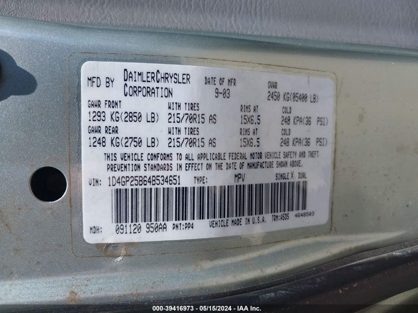 2004 Dodge Caravan Se VIN: 1D4GP25B64B534651 Lot: 39416973