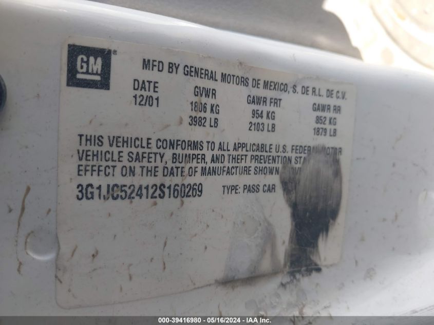 2002 Chevrolet Cavalier VIN: 3G1JC52412S160269 Lot: 39416980