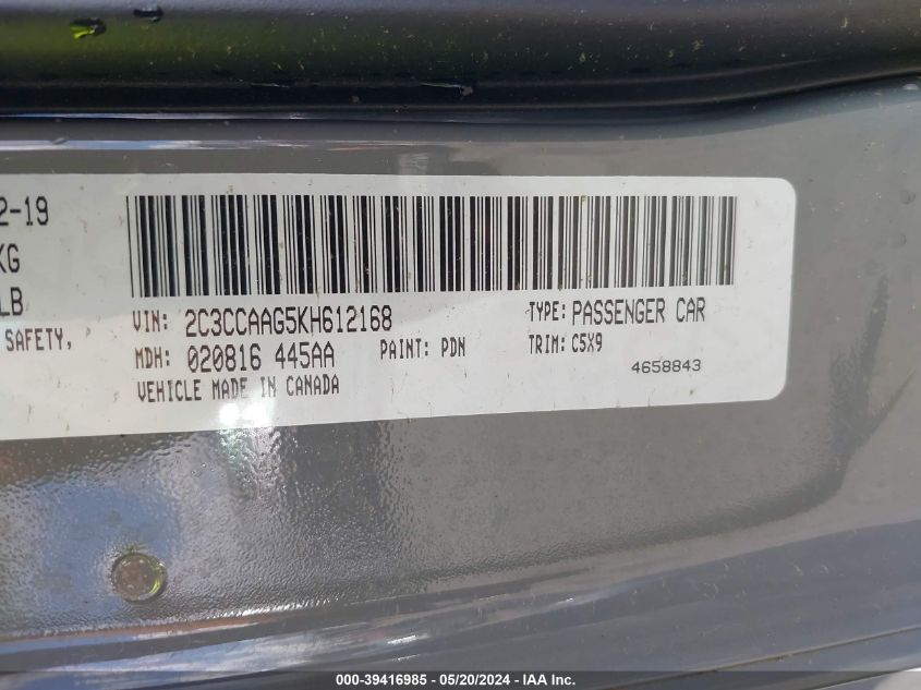 2019 Chrysler 300 Touring VIN: 2C3CCAAG5KH612168 Lot: 39416985