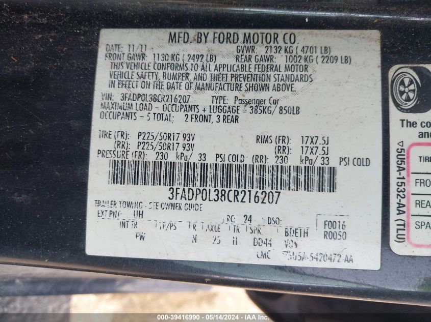 2012 Ford Fusion Hybrid VIN: 3FADP0L38CR216207 Lot: 39416990
