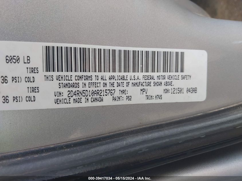 2010 Dodge Grand Caravan Sxt VIN: 2D4RN5D10AR215767 Lot: 39417034