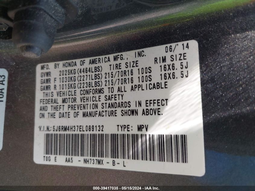 2014 Honda Cr-V Lx VIN: 5J6RM4H37EL089132 Lot: 39417035
