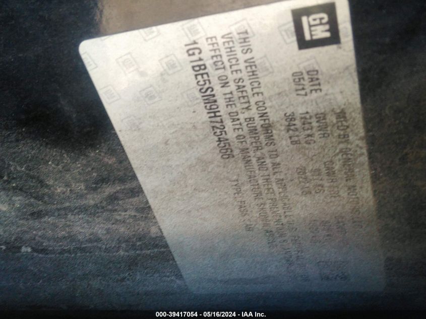 2017 Chevrolet Cruze Lt Auto VIN: 1G1BE5SM9H7254566 Lot: 39417054