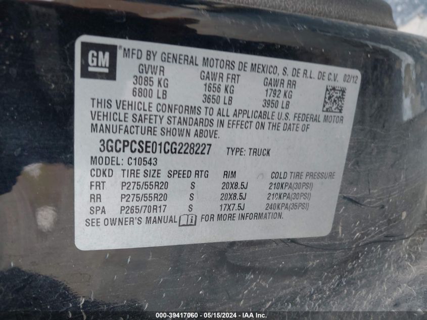 2012 Chevrolet Silverado 1500 Lt VIN: 3GCPCSE01CG228227 Lot: 39417060