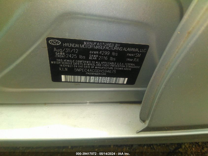 2013 Hyundai Sonata Limited VIN: 5NPEC4AC0DH594675 Lot: 39417072
