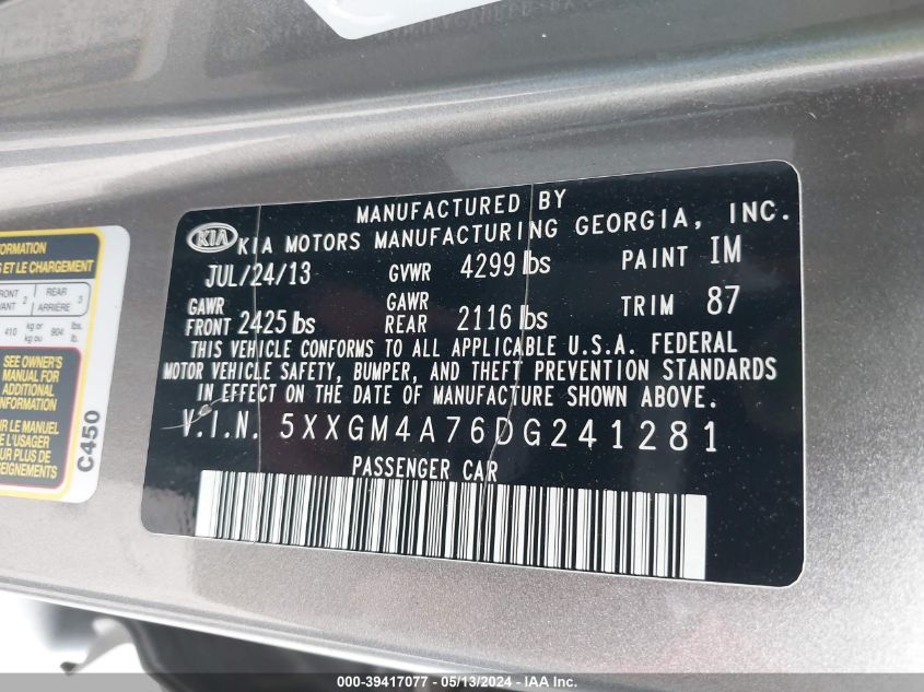 2013 Kia Optima Lx VIN: 5XXGM4A76DG241281 Lot: 39417077