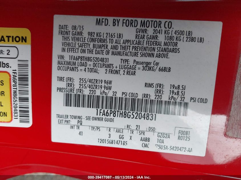 2016 FORD MUSTANG ECOBOOST - 1FA6P8TH8G5204831