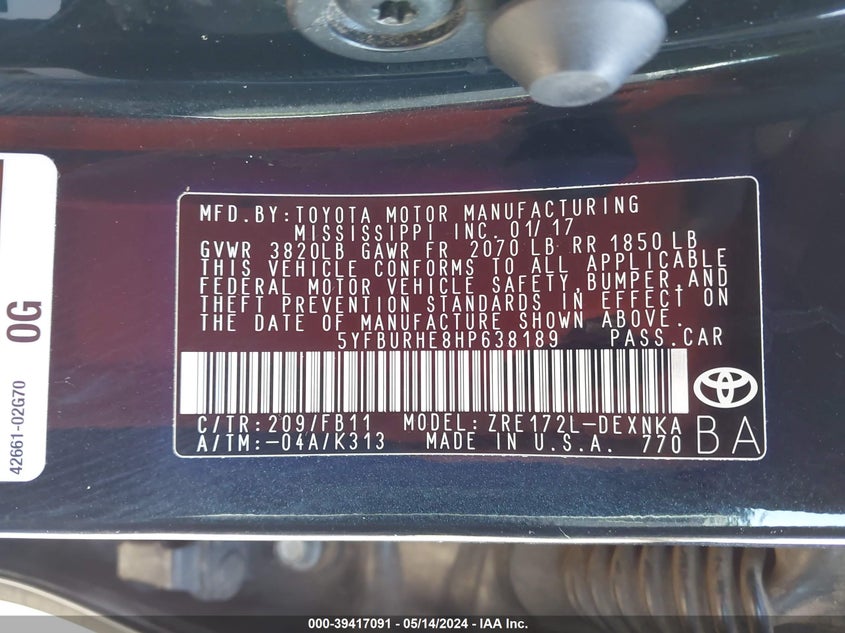 2017 TOYOTA COROLLA L/LE/XLE/SE/XSE - 5YFBURHE8HP638189