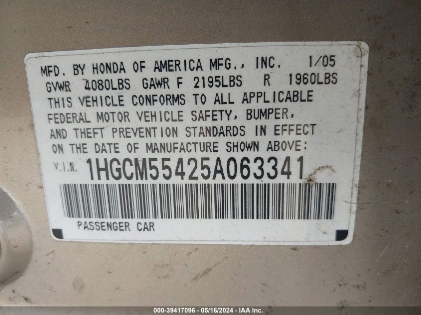 2005 Honda Accord 2.4 Lx VIN: 1HGCM55425A063341 Lot: 39417096