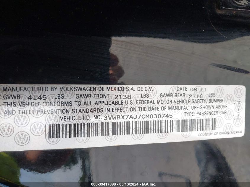 2012 Volkswagen Jetta 2.5L Se VIN: 3VWBX7AJ7CM030745 Lot: 39417098