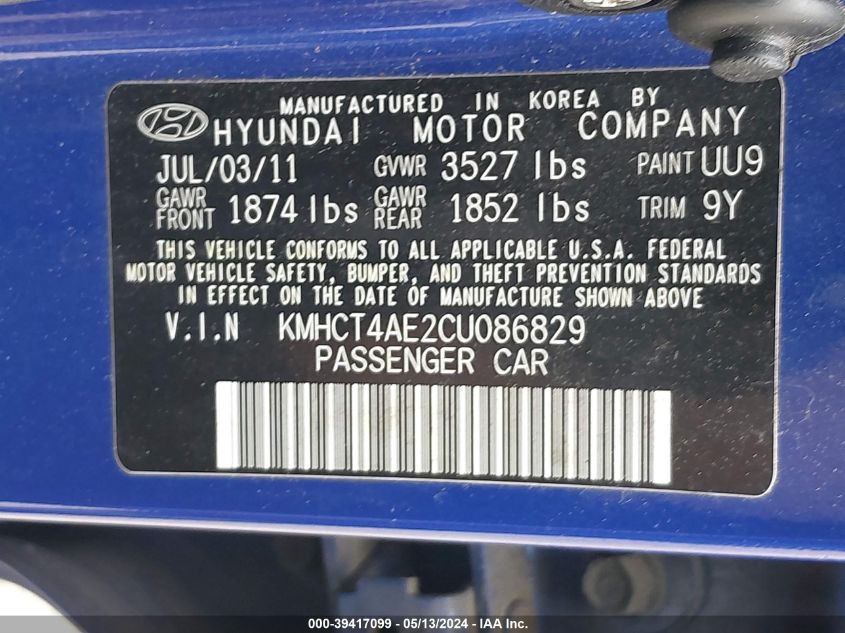 2012 Hyundai Accent Gls VIN: KMHCT4AE2CU086829 Lot: 39417099