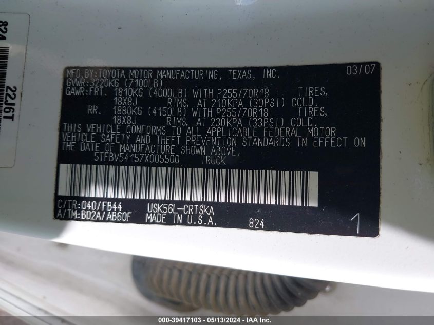 2007 Toyota Tundra Sr5 5.7L V8 VIN: 5TFBV54157X005500 Lot: 39417103