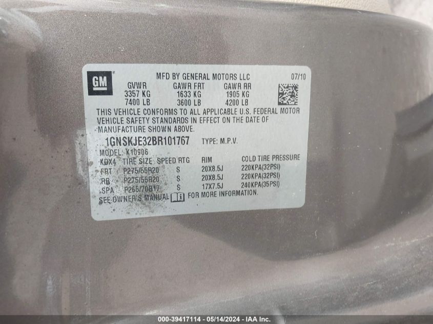 2011 Chevrolet Suburban 1500 Lt1 VIN: 1GNSKJE32BR101767 Lot: 39417114
