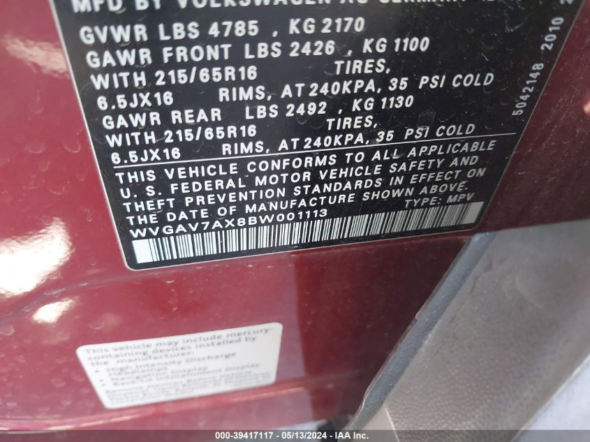 2011 Volkswagen Tiguan S VIN: WVGAV7AX8BW001113 Lot: 39417117