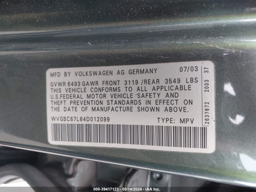 2004 Volkswagen Touareg V6 VIN: WVGBC67L84D012099 Lot: 39417123