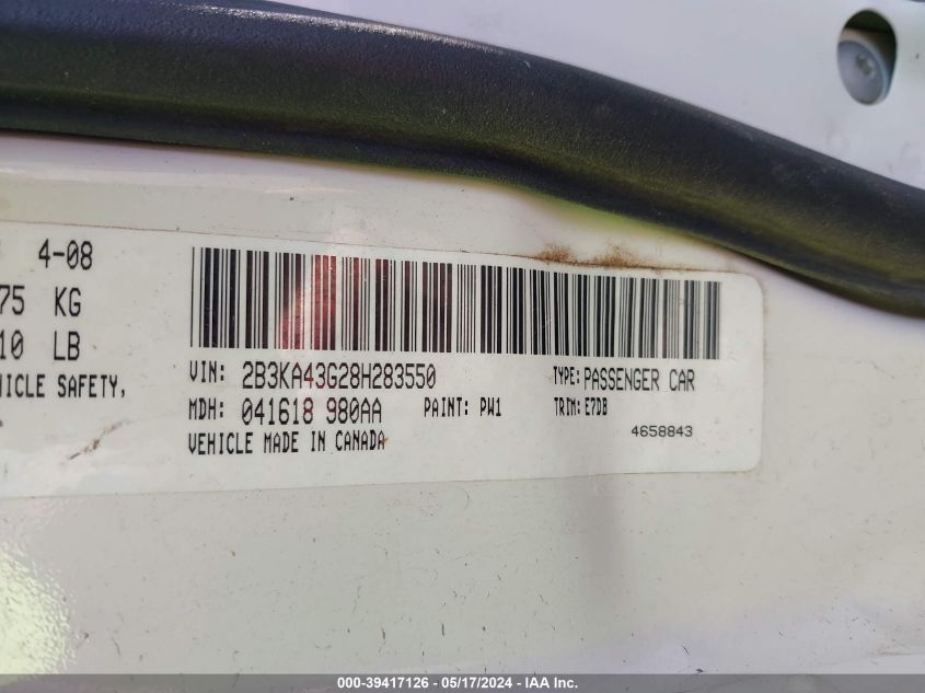 2008 Dodge Charger VIN: 2B3KA43G28H283550 Lot: 39417126