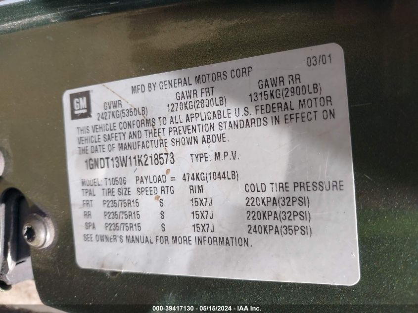 2001 Chevrolet Blazer Lt VIN: 1GNDT13W11K218573 Lot: 39417130