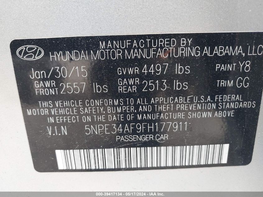 2015 Hyundai Sonata Limited VIN: 5NPE34AF9FH177911 Lot: 39417134