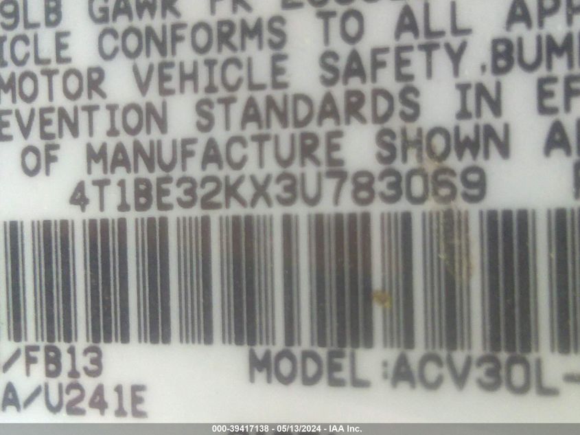 2003 Toyota Camry Le VIN: 4T1BE32KX3U783069 Lot: 39417138