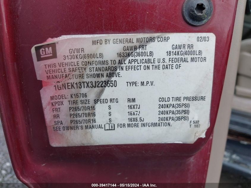 2003 Chevrolet Tahoe Ls VIN: 1GNEK13TX3J223650 Lot: 39417144