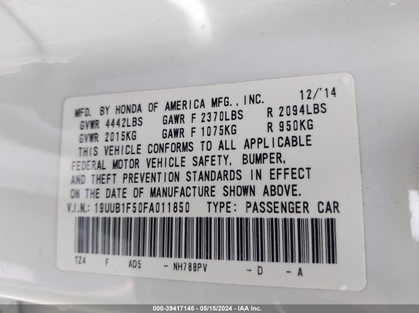 2015 Acura Tlx Tech VIN: 19UUB1F50FA011850 Lot: 39417145