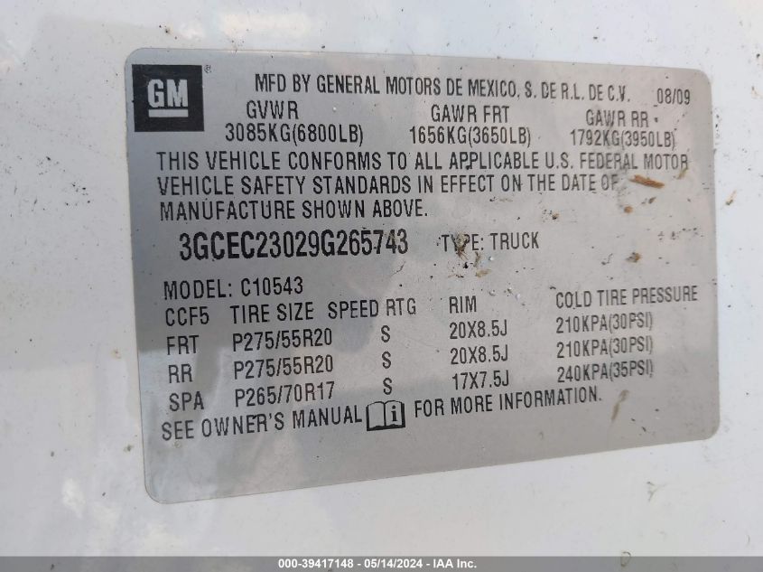 2009 Chevrolet Silverado 1500 Lt VIN: 3GCEC23029G265743 Lot: 39417148