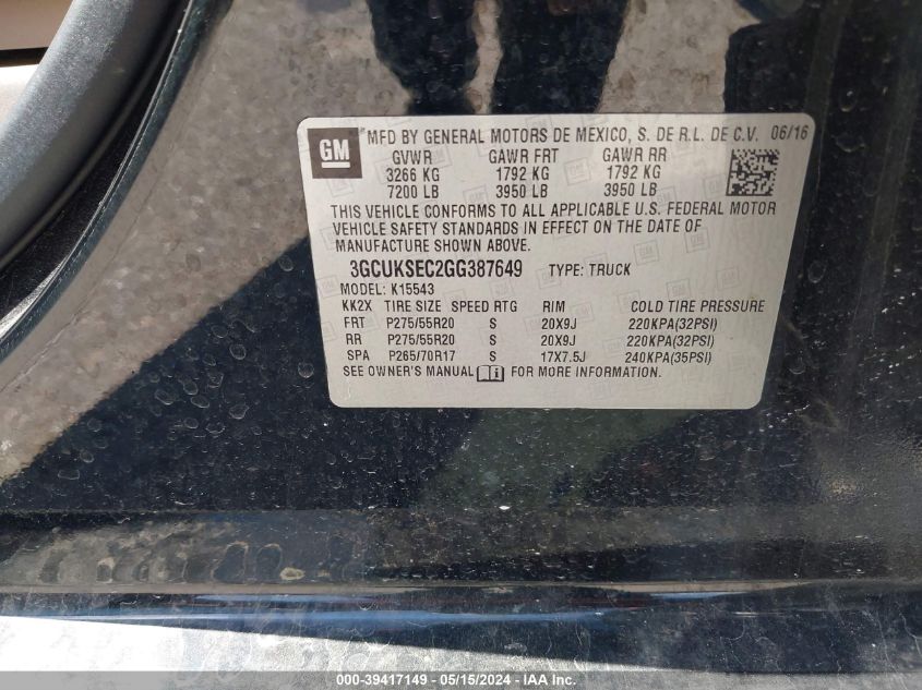 2016 Chevrolet Silverado 1500 1Lz VIN: 3GCUKSEC2GG387649 Lot: 39417149