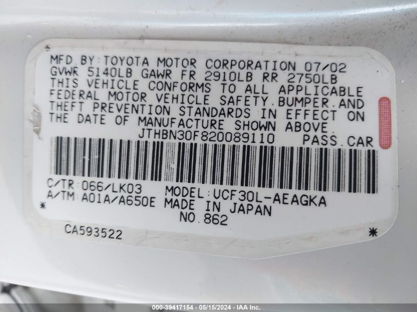 2002 Lexus Ls 430 VIN: JTHBN30F820089110 Lot: 39417154