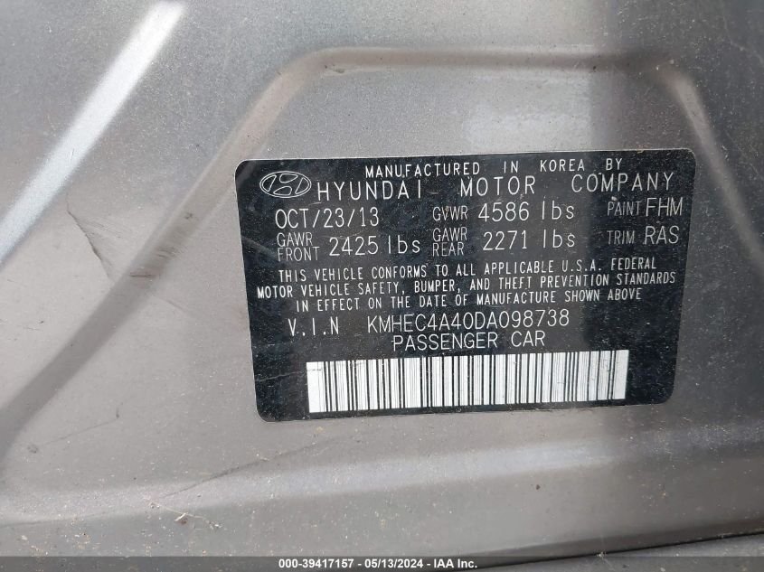 2013 Hyundai Sonata Hybrid VIN: KMHEC4A40DA098738 Lot: 39417157