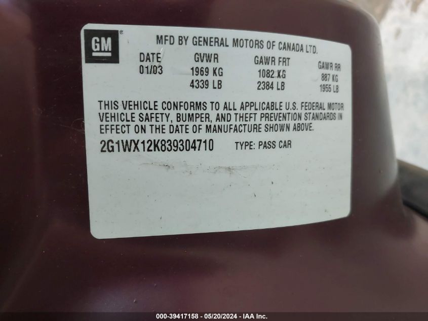 2003 Chevrolet Monte Carlo Ss VIN: 2G1WX12K839304710 Lot: 39417158