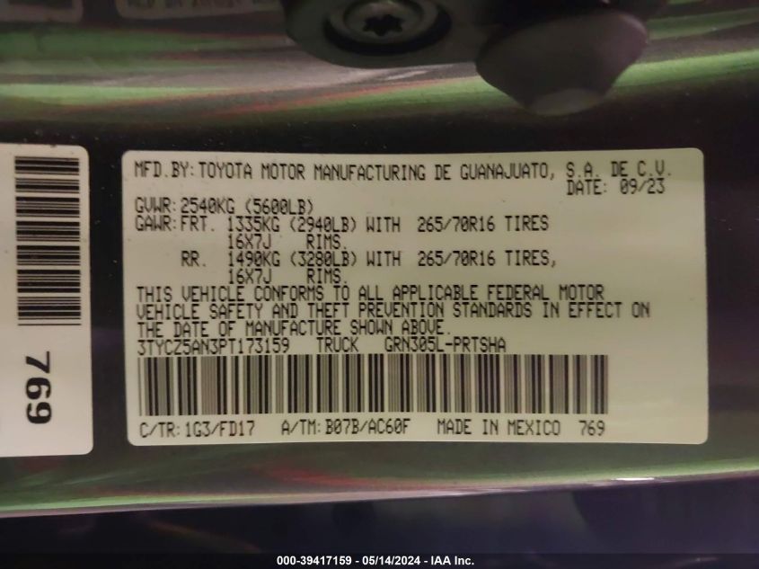 2023 Toyota Tacoma Trd Off Road VIN: 3TYCZ5AN3PT173159 Lot: 39417159