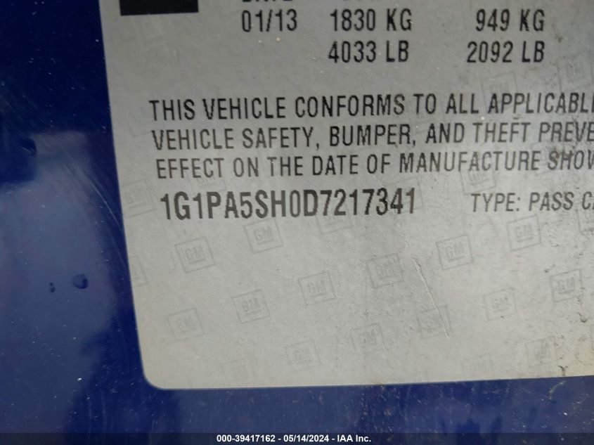 2013 Chevrolet Cruze Ls Auto VIN: 1G1PA5SH0D7217341 Lot: 39417162