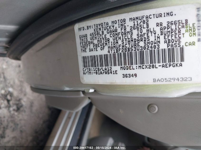 2003 Toyota Avalon Xls VIN: 4T1BF28B53U302403 Lot: 39417163