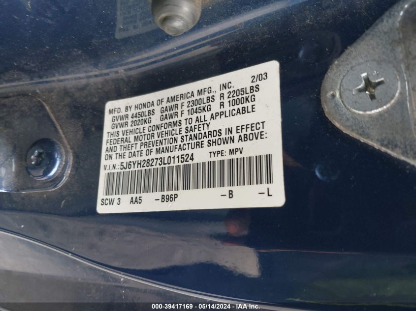 2003 Honda Element Dx VIN: 5J6YH28273L011524 Lot: 39417169
