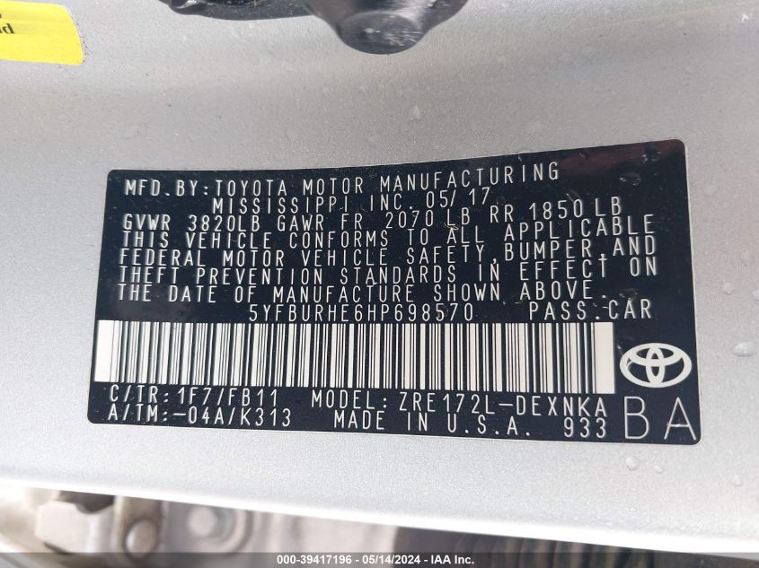 2017 Toyota Corolla Le VIN: 5YFBURHE6HP698570 Lot: 39417196