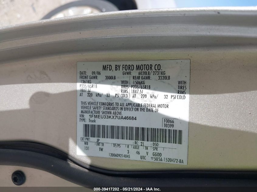 2007 Ford Explorer Sport Trac Limited VIN: 1FMEU33KX7UA46684 Lot: 39417202