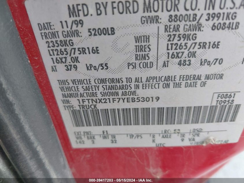 2000 Ford F-250 VIN: 1FTNX21F7YEB53019 Lot: 39417203