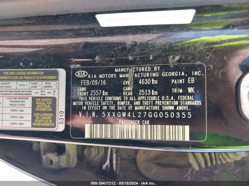 2016 Kia Optima Sx Turbo VIN: 5XXGW4L27GG050355 Lot: 39417212