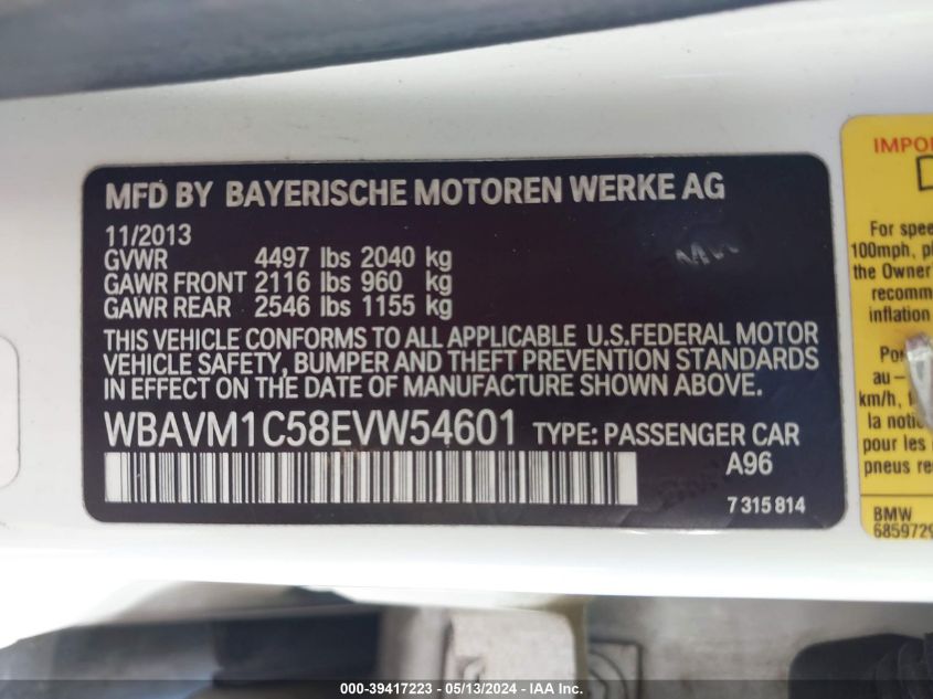 2014 BMW X1 Sdrive28I VIN: WBAVM1C58EVW54601 Lot: 39417223