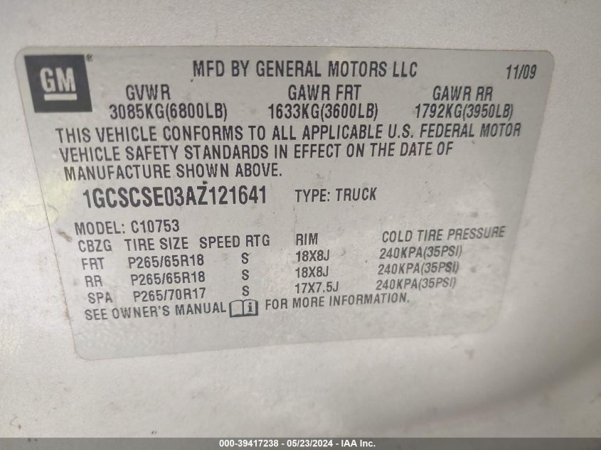 2010 Chevrolet Silverado 1500 Lt VIN: 1GCSCSE03AZ121641 Lot: 39417238