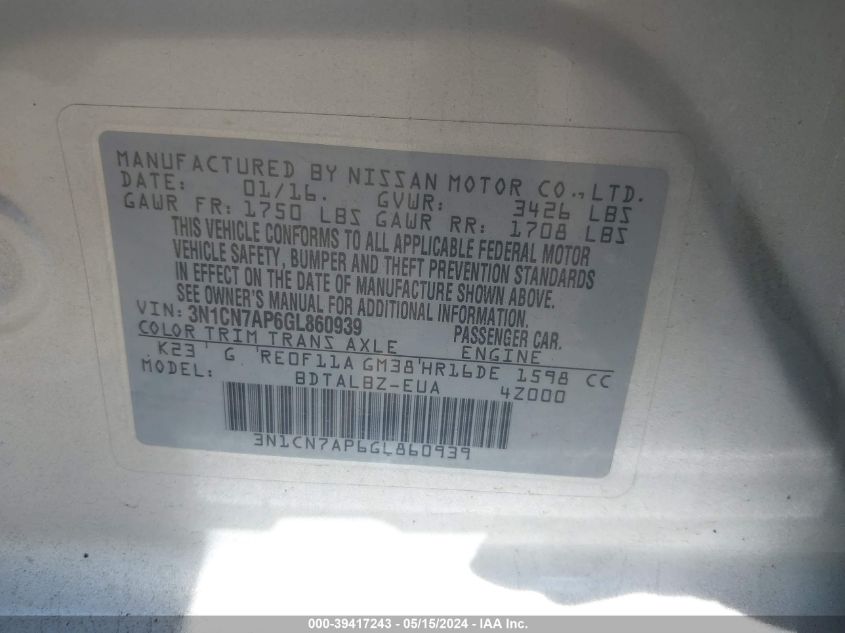 2016 Nissan Versa 1.6 Sv VIN: 3N1CN7AP6GL860939 Lot: 39417243