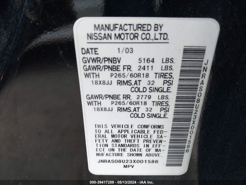 2003 Infiniti Fx35 VIN: JNRAS08U23X001586 Lot: 39417259