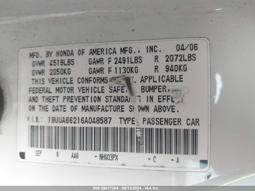 2006 Acura Tl VIN: 19UUA66216A048587 Lot: 39417264