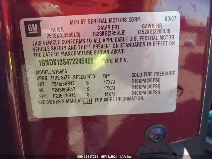 2007 Chevrolet Trailblazer Ls VIN: 1GNDS13S472246408 Lot: 39417269