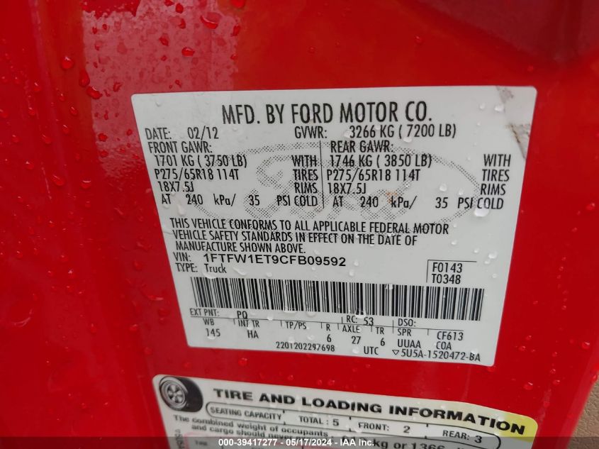 2012 Ford F-150 Lariat VIN: 1FTFW1ET9CFB09592 Lot: 39417277